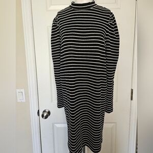 Loft Womens Mock Turtleneck Puffed Shoulder Sleeved Striped Knit Pencil Dress